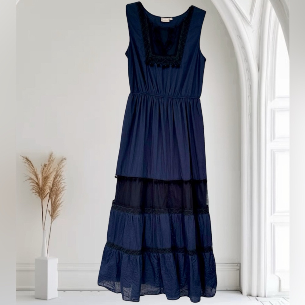 Elegant Maxi Dress Sleeveless Navy Blue Black Pom Lace Embroidered Size Large - Picture 4 of 17